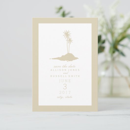 Modern Island Beach Wedding Save the Date - Sand (Staand voorkant)