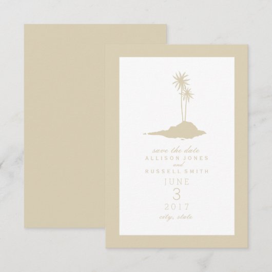 Modern Island Beach Wedding Save the Date - Sand (Voorkant / Achterkant)