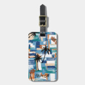 Modern Island Tropical Check Blauw Wit Bagagelabel (Voorkant verticaal)
