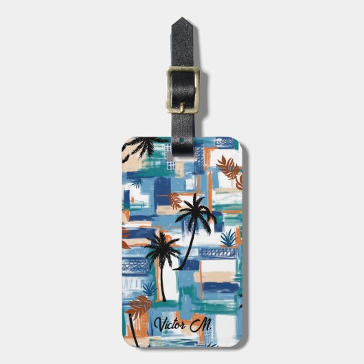 Modern Island Tropical Check Blauw Wit Bagagelabel (Voorkant verticaal)