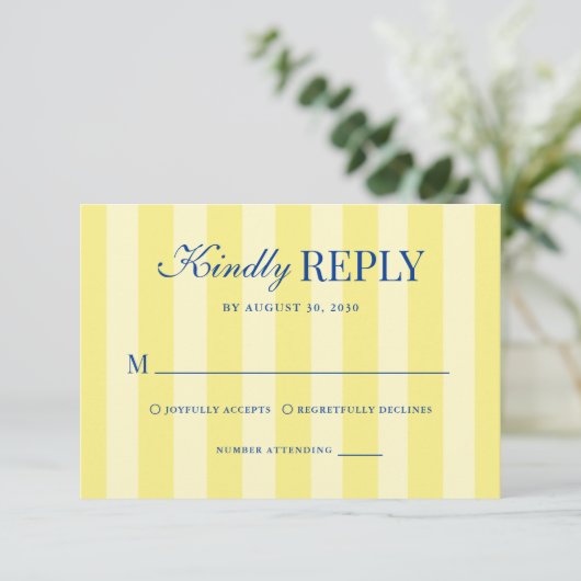 Modern Italian Striped Blue & Yellow Wedding RSVP Kaartje (Staand voorkant)