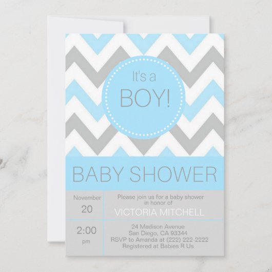 Modern 'It's a Boy' Blue/Grey Chevron Baby shower Kaart (Voorkant)