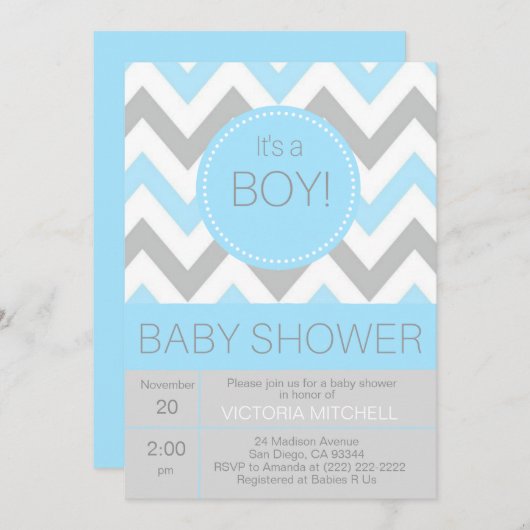 Modern 'It's a Boy' Blue/Grey Chevron Baby shower Kaart (Voorkant / Achterkant)
