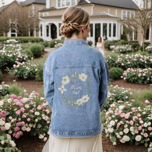Modern Ivoor Bloemen Script Bloemenmeisje Denim Jacket (Huwelijk Achterkant)
