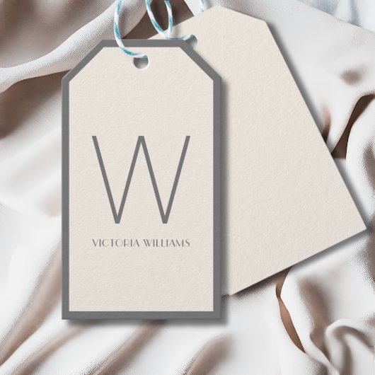 Modern ivoor en grijs minimalistisch monogram cadeaulabel