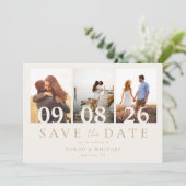 Modern Ivoor en Tan 3 Photo Collage Wedding Save The Date (Staand voorkant)