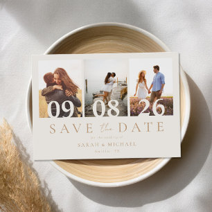 Modern Ivoor en Tan 3 Photo Collage Wedding Save The Date