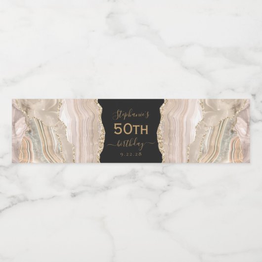 Modern Ivoor Gold Agaat Dark 50th Birthday Waterfles Etiket (Enkel label)