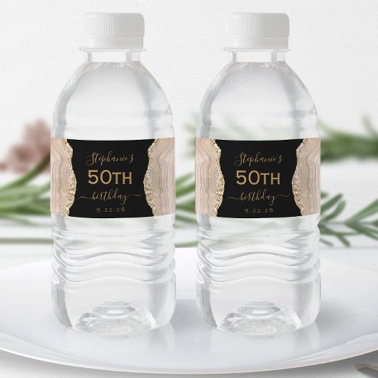 Modern Ivoor Gold Agaat Dark 50th Birthday Waterfles Etiket