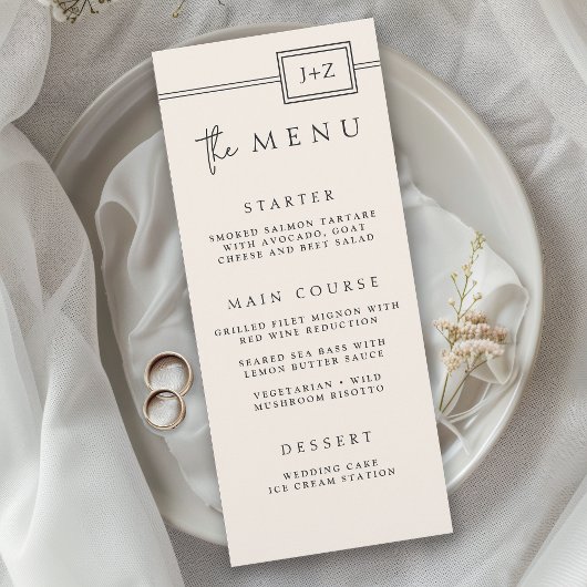Modern ivoor minimalistisch monogram bruiloft menu