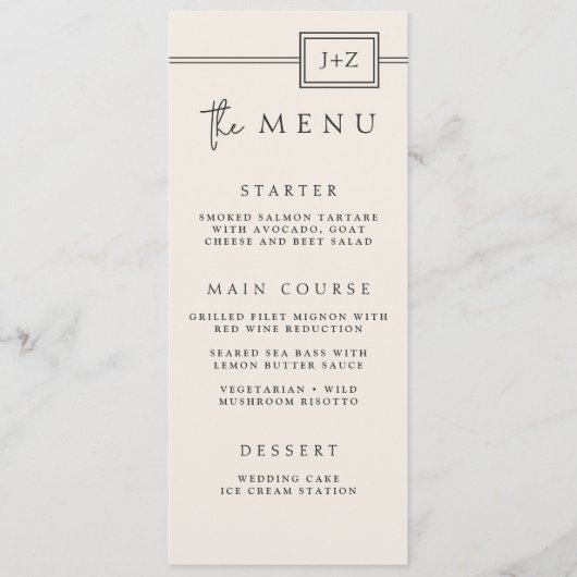 Modern ivoor minimalistisch monogram bruiloft menu (Voorkant)