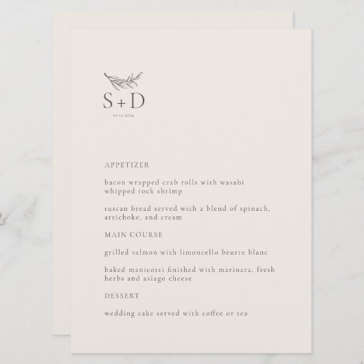 Modern Ivoor Monogrammed Bruiloft Menu (Voorkant / Achterkant)