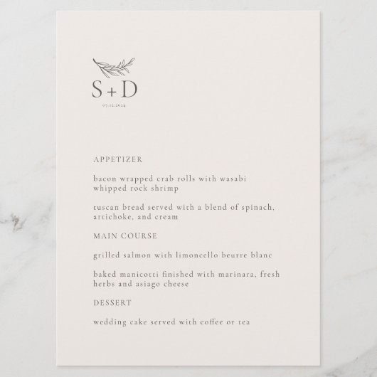 Modern Ivoor Monogrammed Bruiloft Menu (Voorkant)