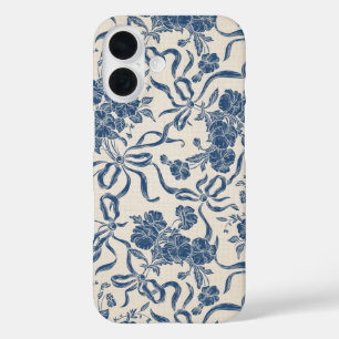 Modern  Ivoor Navy Blue Floral Pattern iPhone 16 Hoesje