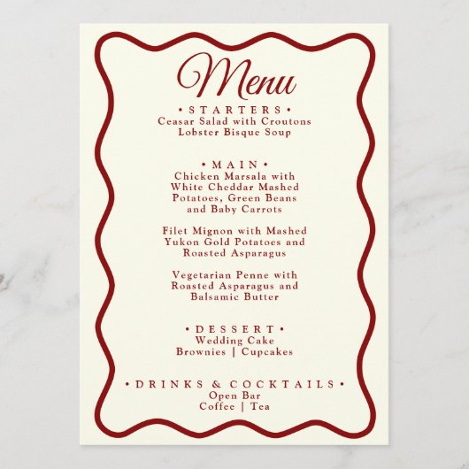 Modern Ivoor Rood Helder Funky Retro Diner Bruilof Menu (Voorkant)