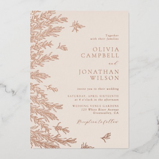 Modern Ivoor Roos Gold Boho verlaat bruiloft Folie Uitnodiging (Voorkant)