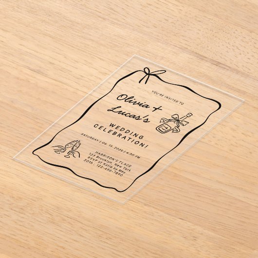 Modern Ivory & Black Hand-Drawn Wedding  Acryl Uitnodigingen (Laagn)