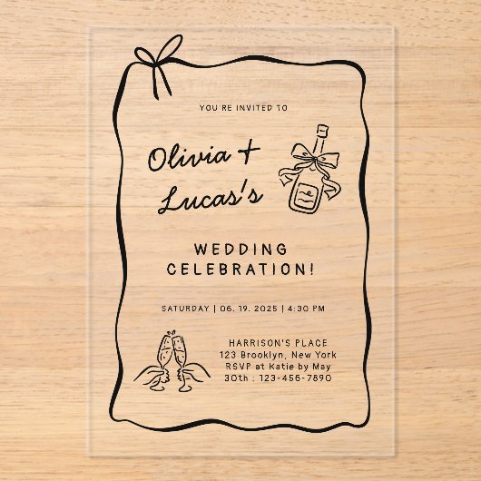 Modern Ivory & Black Hand-Drawn Wedding Acryl Uitnodigingen (Voorkant)