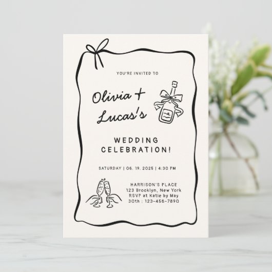 Modern Ivory & Black Hand-Drawn Wedding Kaart (Staand voorkant)