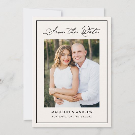 Modern Ivory Border Script Photo Wedding Save The Date (Voorkant)