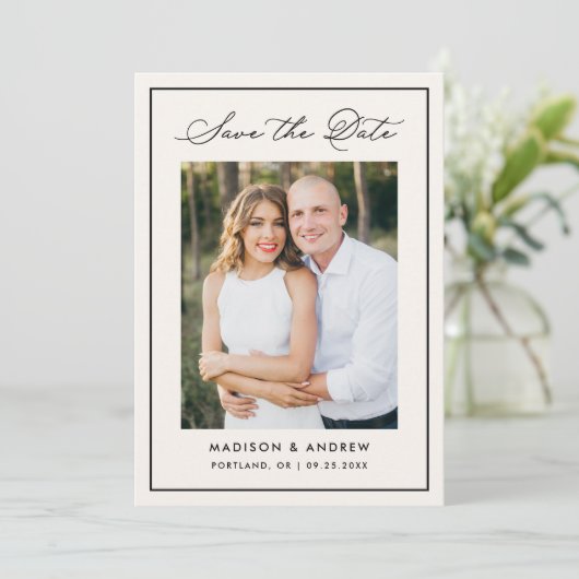 Modern Ivory Border Script Photo Wedding Save The Date (Staand voorkant)