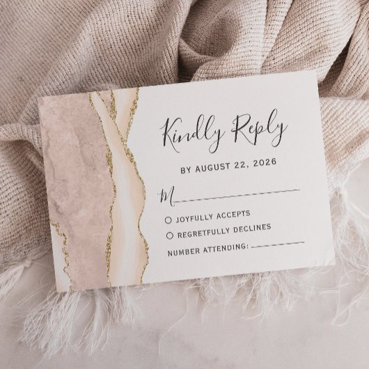 Modern Ivory Gold Agate Wedding RSVP Kaartje