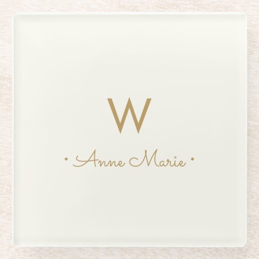 Modern ivory Gold Script Monogram Glazen Onderzetter (Voorkant)