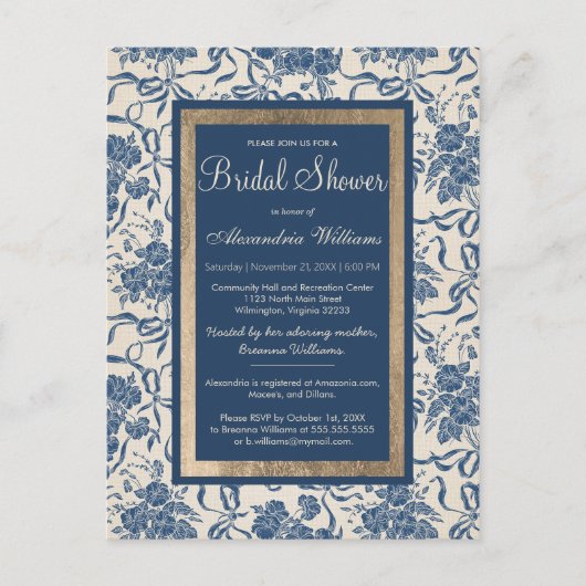 Modern  Ivory Navy Bloemen Vrijgezellenfeest Uitnodiging Briefkaart (Voorkant)