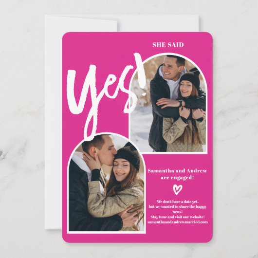 Modern ja 2 foto's boog heet roze verloving aankondiging (Voorkant)