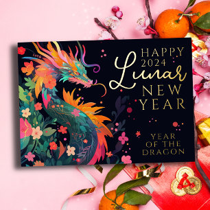 Modern Jaar van de Draak Chinees Nieuwjaar 1 Foto Folie Feestdagenkaart