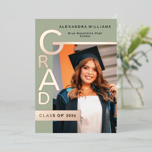 Modern Jade Graduation Announcement Rose Gold foil Folie Feestdagenkaart (Staand Voorkant)