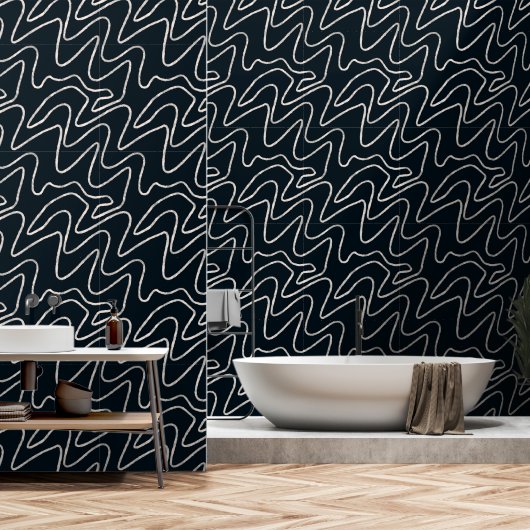 Modern Japandi-style line art in cream and black.  Behang (Badkamer)