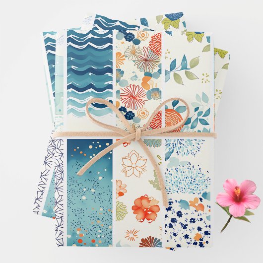 Modern Japanese Indigo Pattern Collage Sampler Inpakpapier Vel
