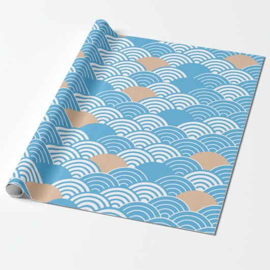Modern Japanese Seigaiha Waves & Rising Sun Cadeaupapier (Uitgerold)