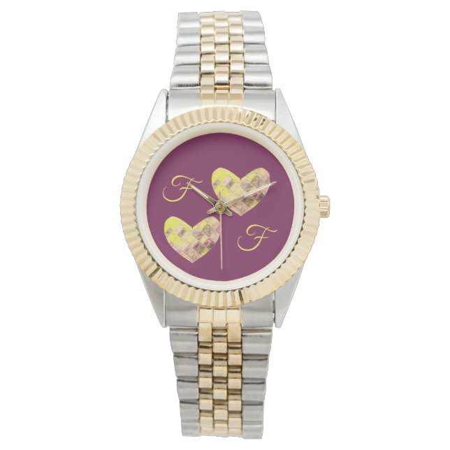 Modern Jewel Gem Pixel Yellow Plum Monogram Heart Horloge (Voorkant)