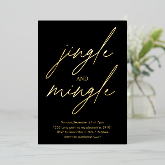Modern Jingle and Mingle Gold Foil Christmas Party Folie Uitnodiging (Staand Voorkant)