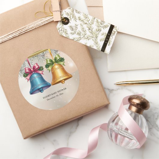 Modern Jingle Bells Kerst Ornament Baby shower Ronde Sticker (Geschenken)