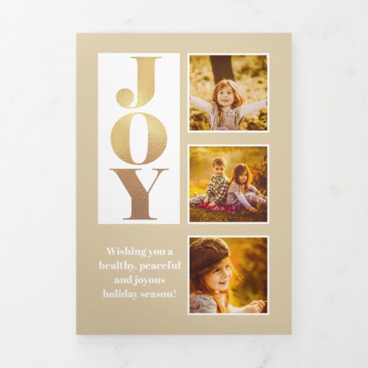 Modern Joy Block Letter 3-Photo Gold Drieluik Kaart (Cover)
