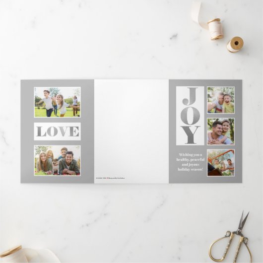 Modern Joy Block Letter 3-Photo-Silver Drieluik Kaart (Buitenkant)