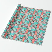 Modern JOY Coral Turquoise Retro 3 Photo Collage Cadeaupapier (Uitgerold)