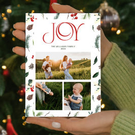 Modern Joy Red Berry Botanical 3 Foto Kerstmis Feestdagenkaart