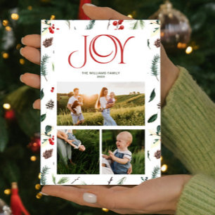 Modern Joy Red Berry Botanical 3 Foto Kerstmis Feestdagenkaart