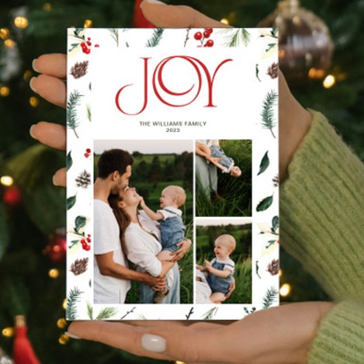 Modern Joy Red Berry Botanical 3 Foto Kerstmis Feestdagenkaart