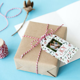 Modern Joy Red Berry Botanische Kerstfoto Cadeaulabel