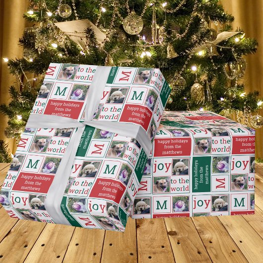Modern JOY Red Green en White 3 Photo Collage Cadeaupapier