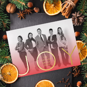 Modern Joy Red Ombre gradiënt Foto Gold Folie Feestdagenkaart