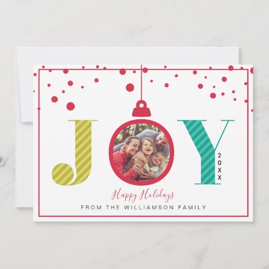 Modern "Joy" Red Ornament | Vakantieknopkaart Feestdagenkaart (Voorkant)