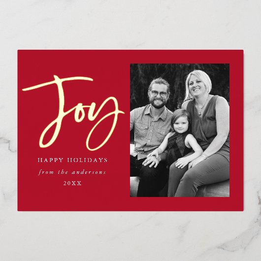 Modern Joy Script Red Foto Folie Feestdagenkaart (Voorkant)