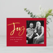 Modern Joy Script Rode Foto Folie Feestdagenkaart (Staand Voorkant)