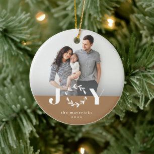 Modern Joy Wreath Photo Holiday Kerstmis Keramisch Ornament
